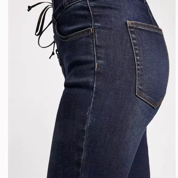 Free People We The Free Sz 32 blue High Rise Lace Up Jeans Lovers Knot - Picture 2 of 7